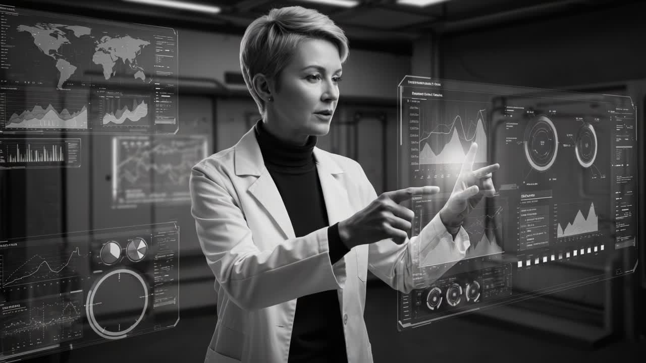 A Skilled Analyst Interpreting Complex Data Visualization in a High-Tech Environment with Interactive Graphs and Charts for Advanced Decision-Making