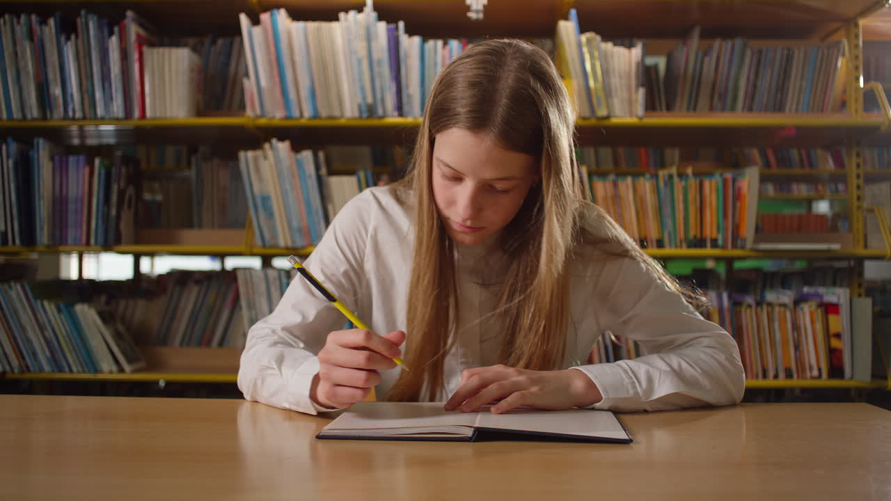 Teen girl studying in the library, solving school assignments, handheld shot