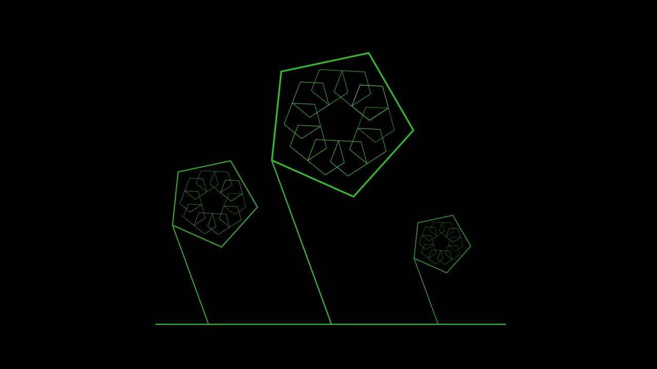 세 개의 초록색 추상적인 꽃 모양의 오각형 풍차