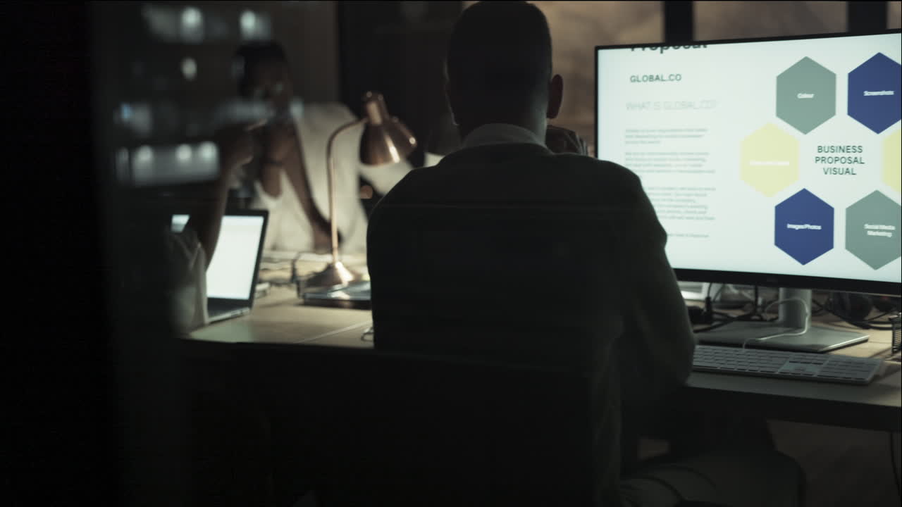 Night, office and business people in meeting