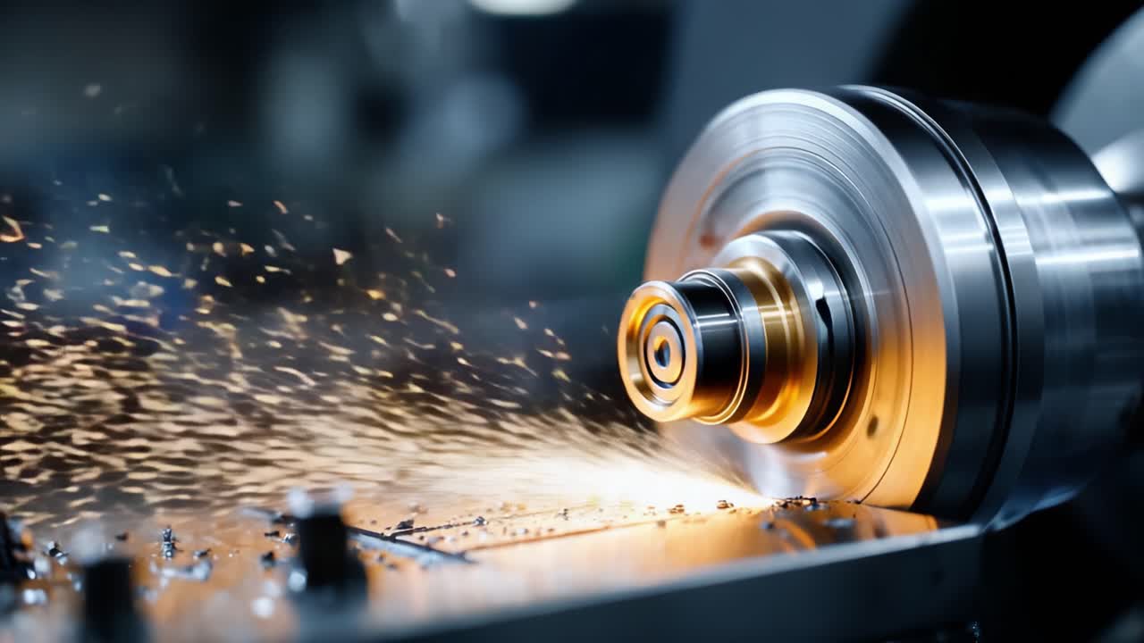 Dynamisk metallbearbetningsprocess: Fångar precisionen och energin hos en höghastighetssvarv i drift, som skapar gnistor och spån från råmaterial.