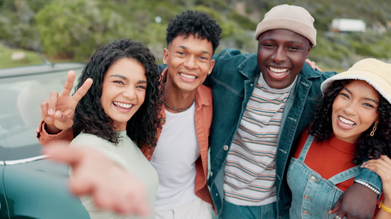 Diverse group of young friends having fun on a road trip