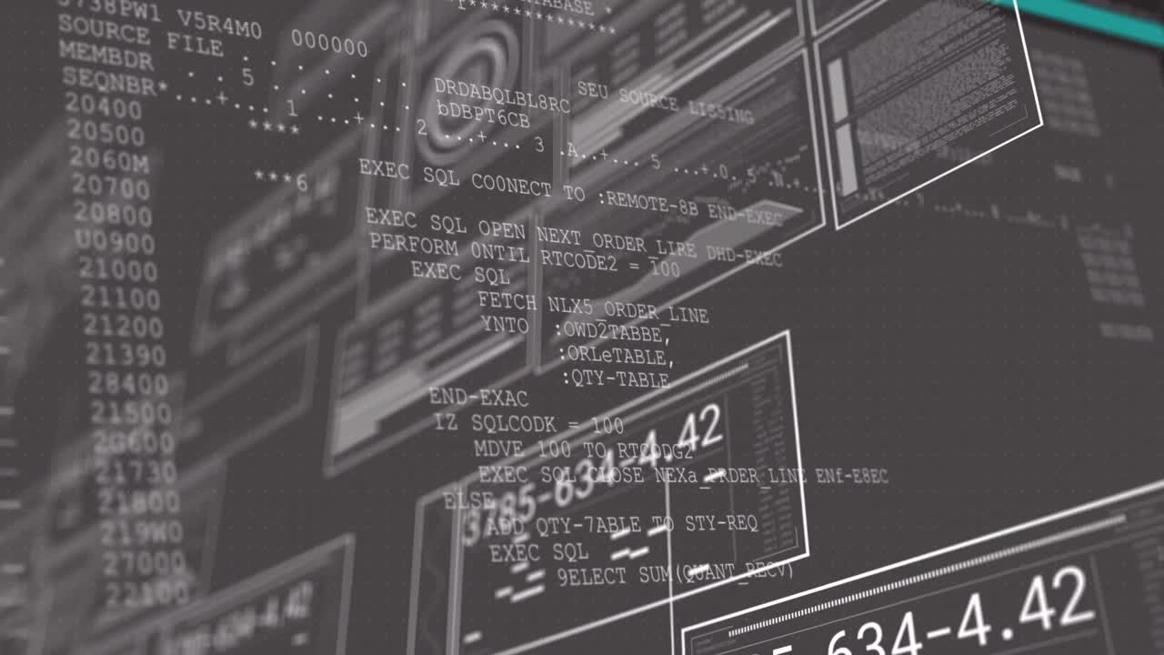 Animation of neon shapes in seamless pattern over interface with data processing on black background