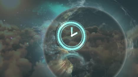 animación de reloj en movimiento, red de conexiones y globo sobre el cielo