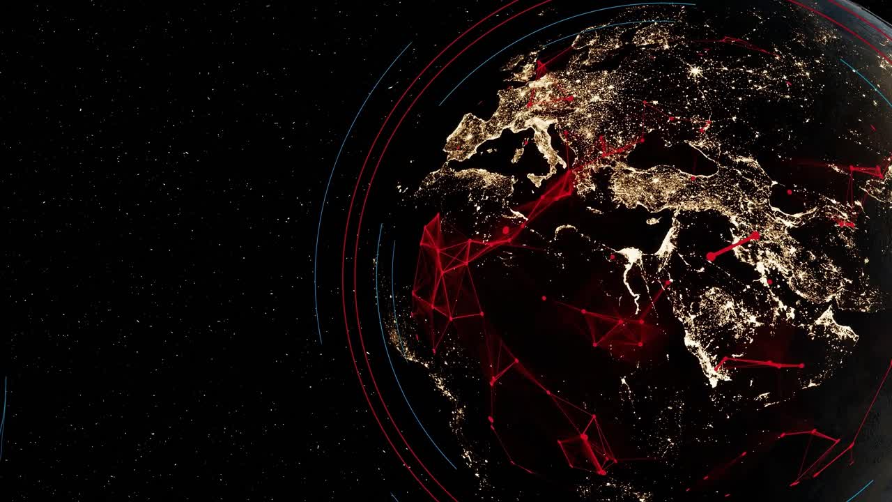 vista desde el espacio del globo terrestre girando en el espacio vacío con animación de la conexión electromagnética entre las grandes ciudades