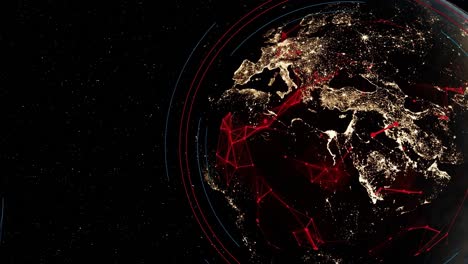 Blick-Aus-Dem-All-Auf-Den-Globus,-Den-Planeten-Erde,-Der-Sich-Im-Leeren-Raum-Dreht,-Mit-Animation-Der-Elektromagnetischen-Verbindung-Zwischen-Großstädten