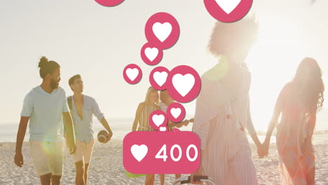 animación de iconos de corazón y números sobre amigos felices en la playa
