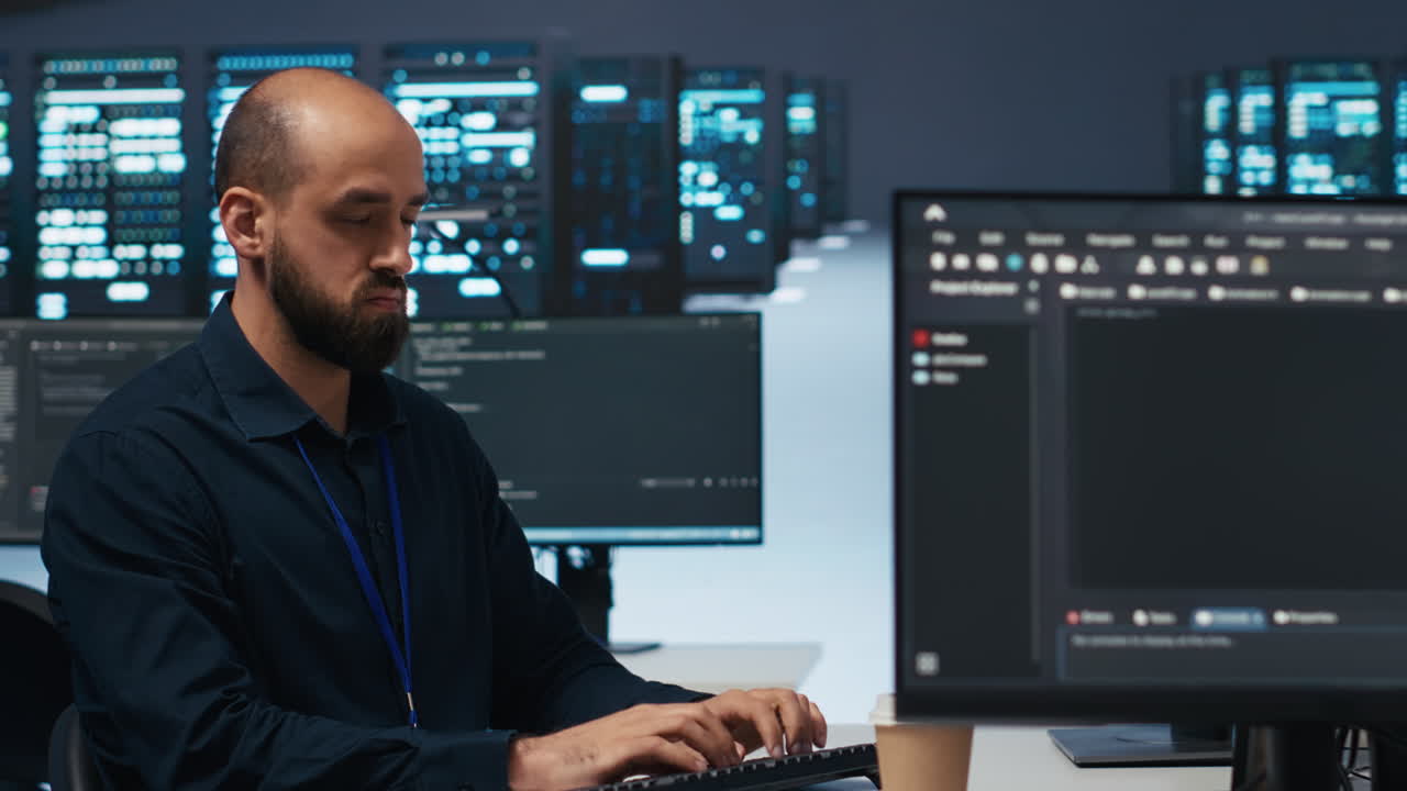 Technician using PC in high tech server hub facility to safeguard data