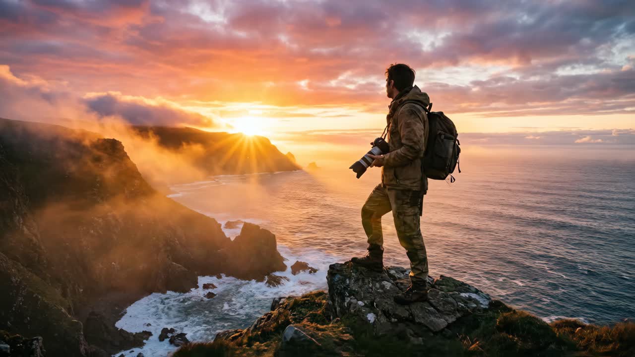 Photographer Capturing Dramatic Sunset Over Ocean Cliffs