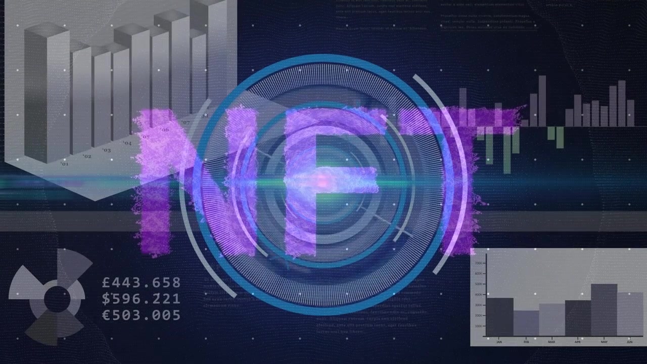 Animation of scope scanning over data processing with nft text on black background