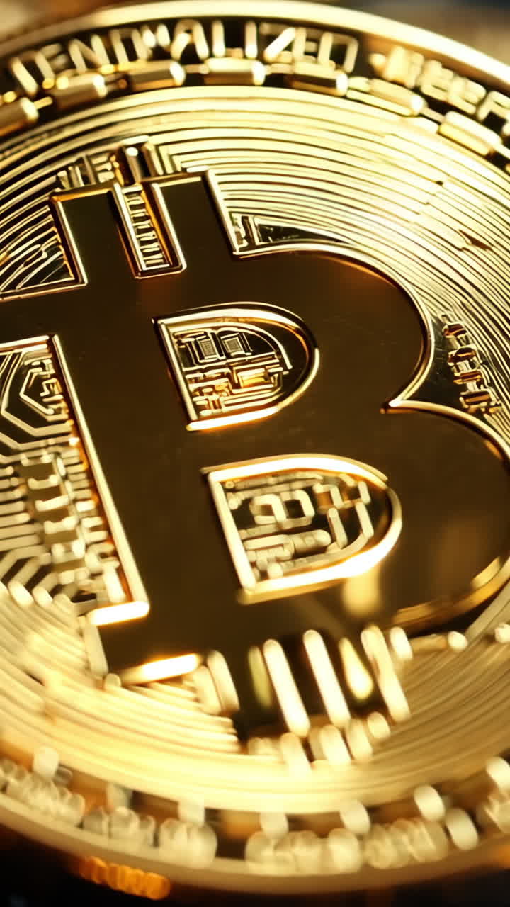 A pile of gold coins Bitcoin on top. The coins are shiny and gold in color