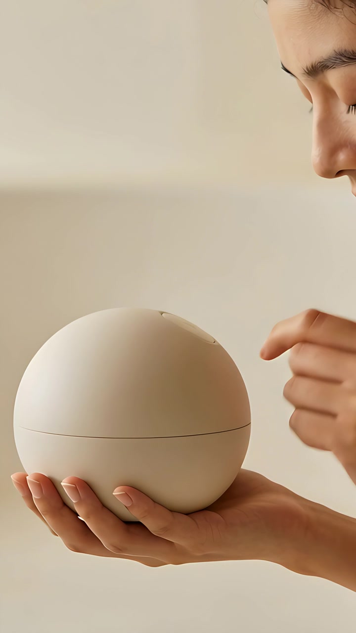 Vidéo verticale : Femme pressant, tenant une sphère, appuyant sur le bouton supérieur, vérifiant la couture et le résultat à la maison