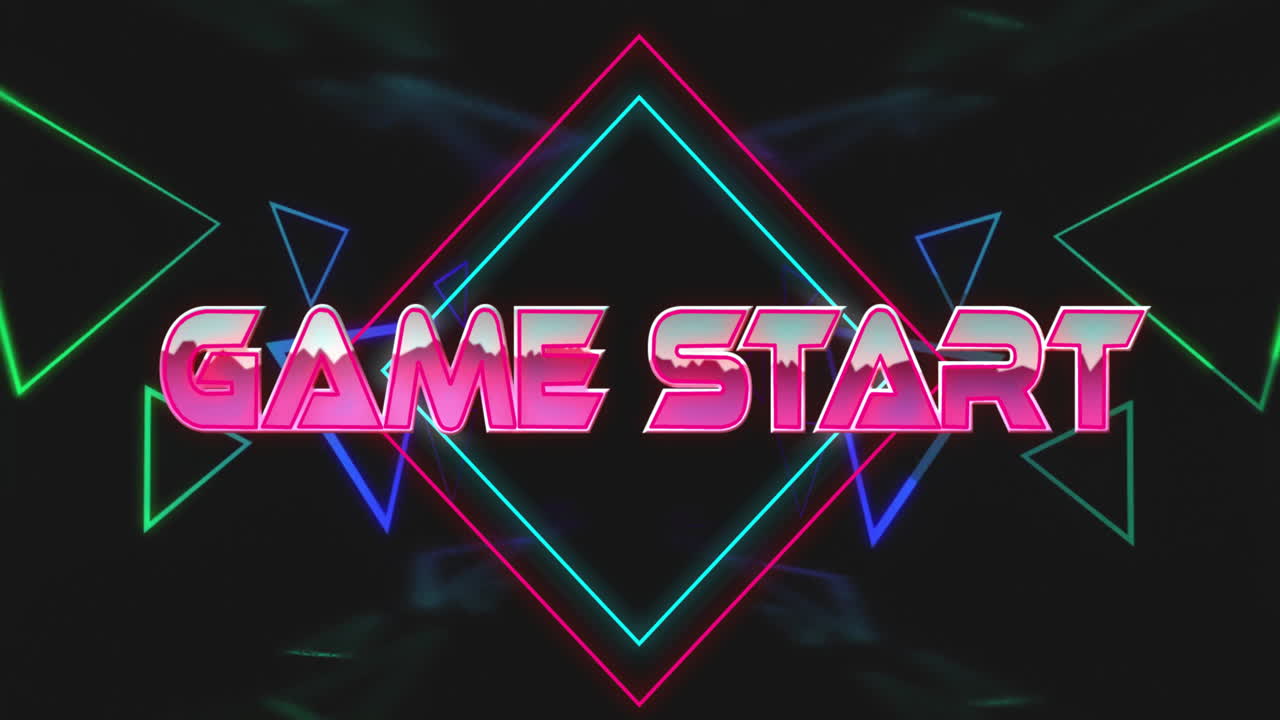 Glowing animation text Game Start over geometric shapes on dark background