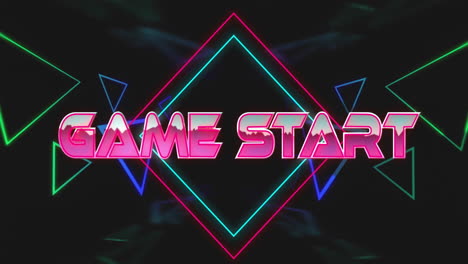 Glowing animation text Game Start over geometric shapes on dark background