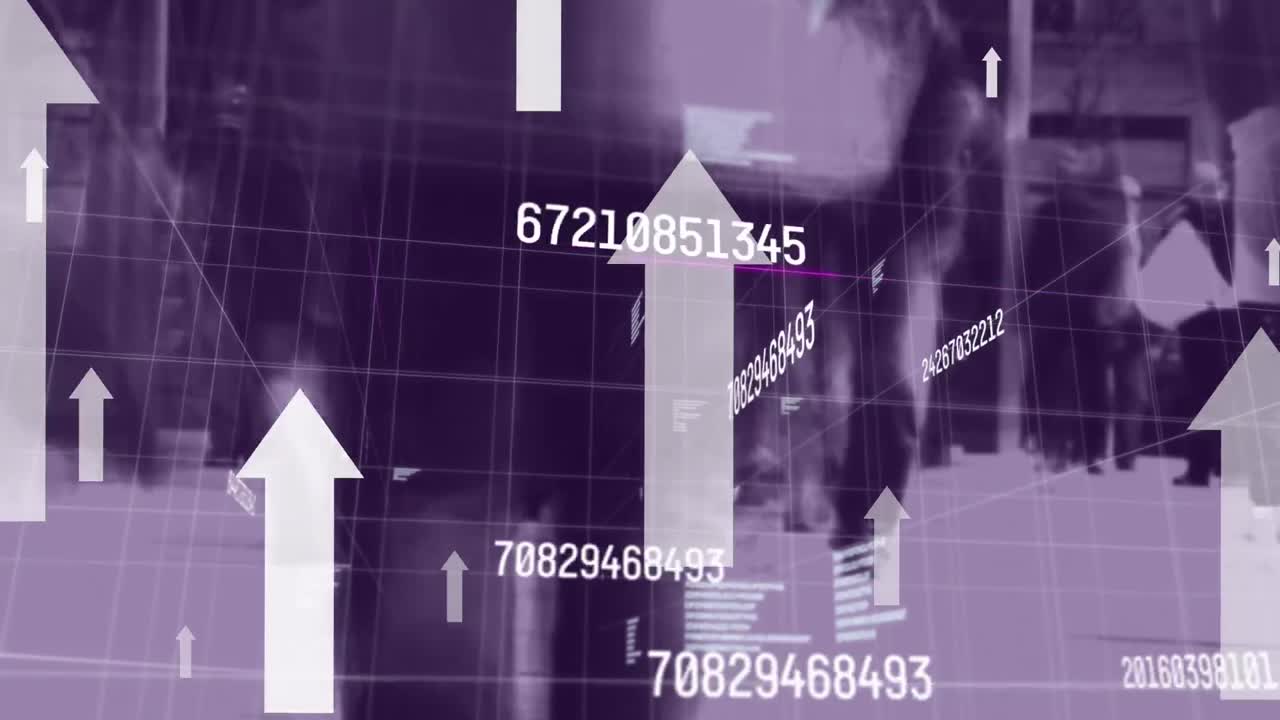 거리에서  ⁇ 는 사람들 위에 과학적 데이터 처리와 디지털 아이콘의 애니메이션