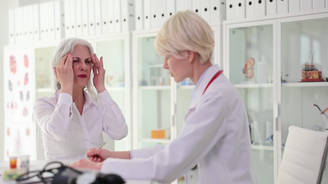 Woman suffering from headache consulting a doctor