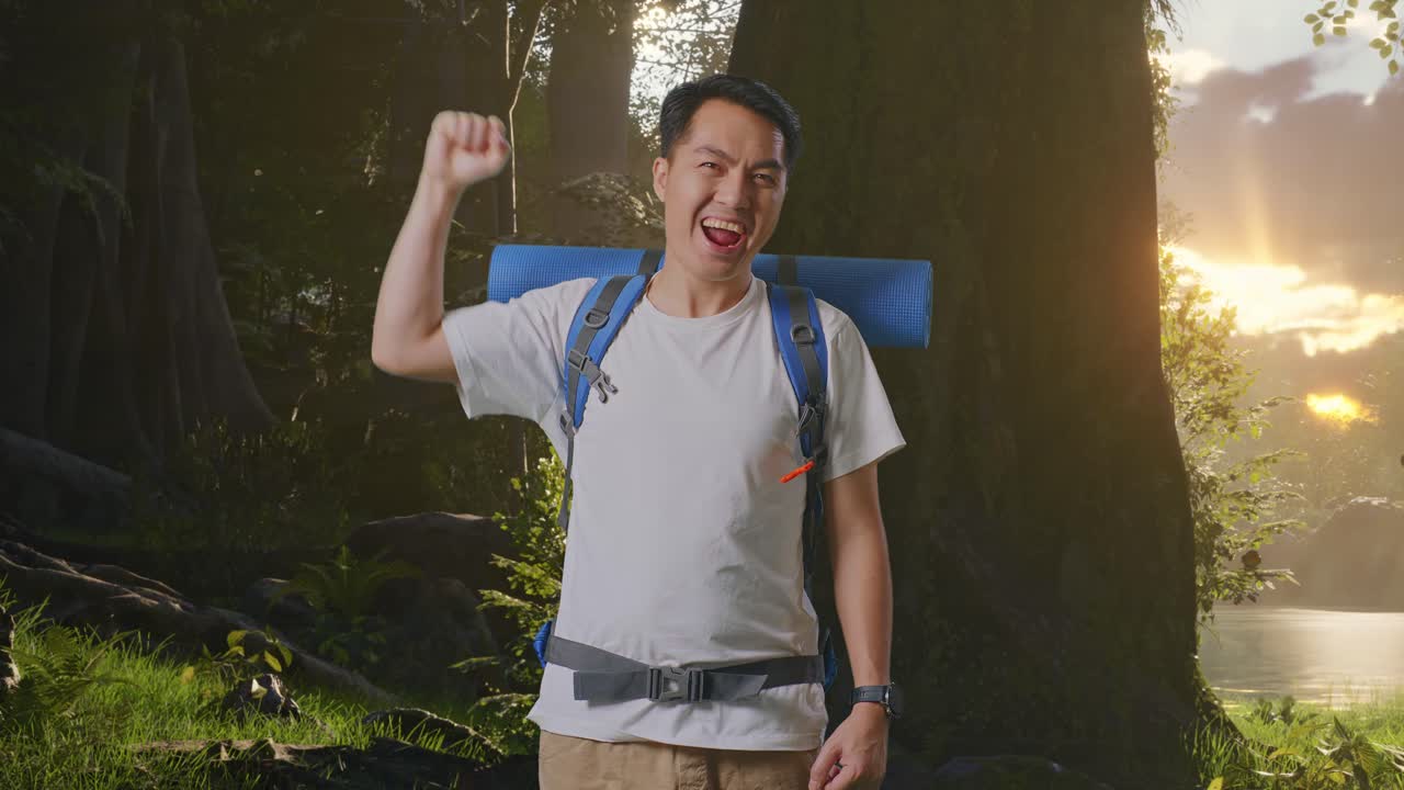 산악 등반 배 을 들고 있는 아시아 남자 산책객 은 숲 의 자연 을 탐험 하는 동안 성공 을 축하 하는 목표 를 외치고 있다