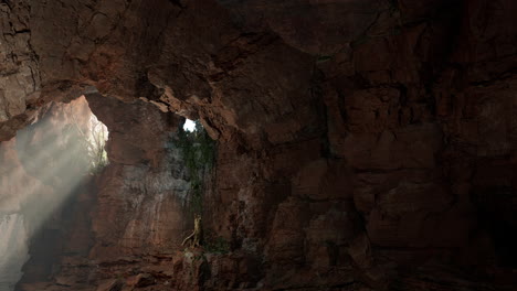 sunbeams shining through a cave entrance