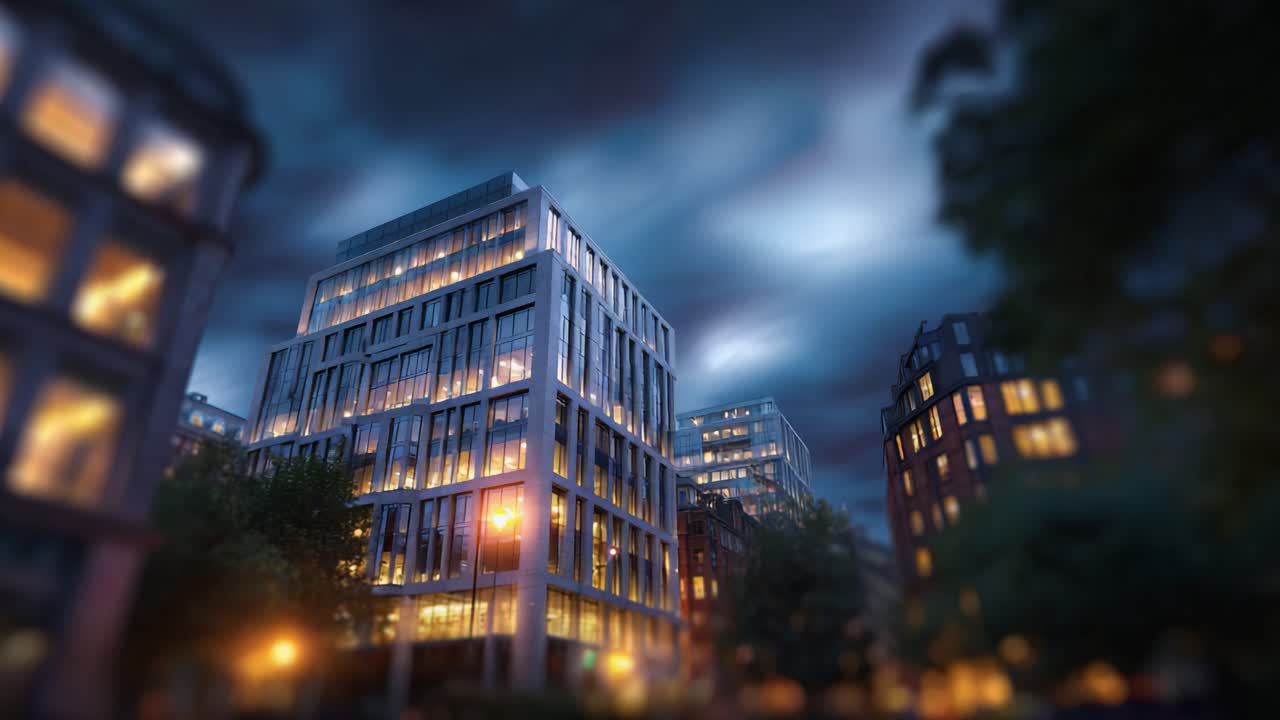 Una transizione mozzafiato tra sera e notte in un moderno paesaggio urbano, che mette in mostra edifici illuminati sotto un cielo suggestivo con nuvole atmosferiche