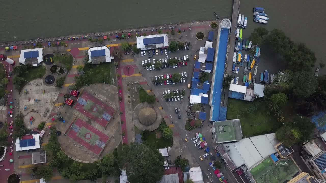 Aerial top shot over downtown in Buenaventura-Colombia