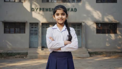 portrait of a smiling south asian student girl in school uniform standing with arms crossed in front of the school building, showing confidence and happiness for education