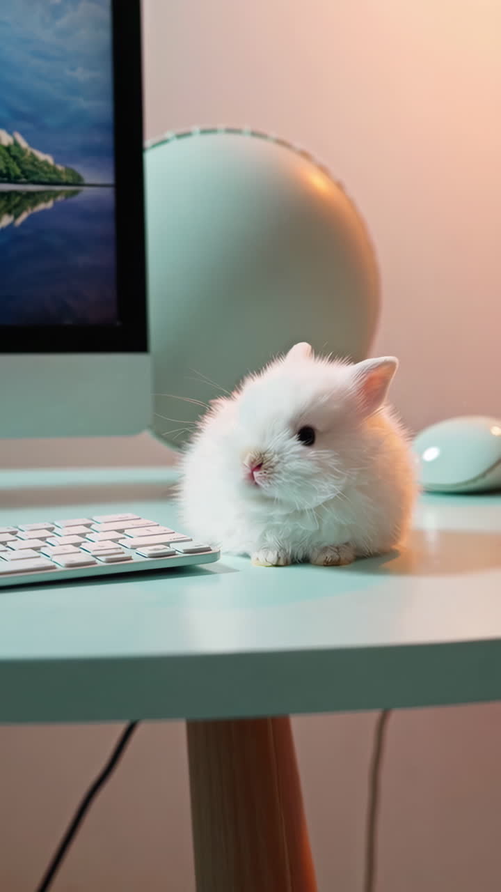 Cute White Baby Rabbit on a Mint Green Desk