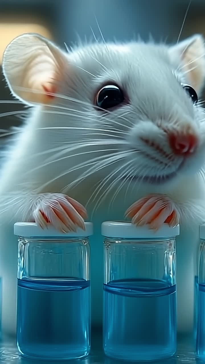 Lab rat with test tubes. A white laboratory rat curiously examines blue liquid in test tubes during a scientific study in a research facility.