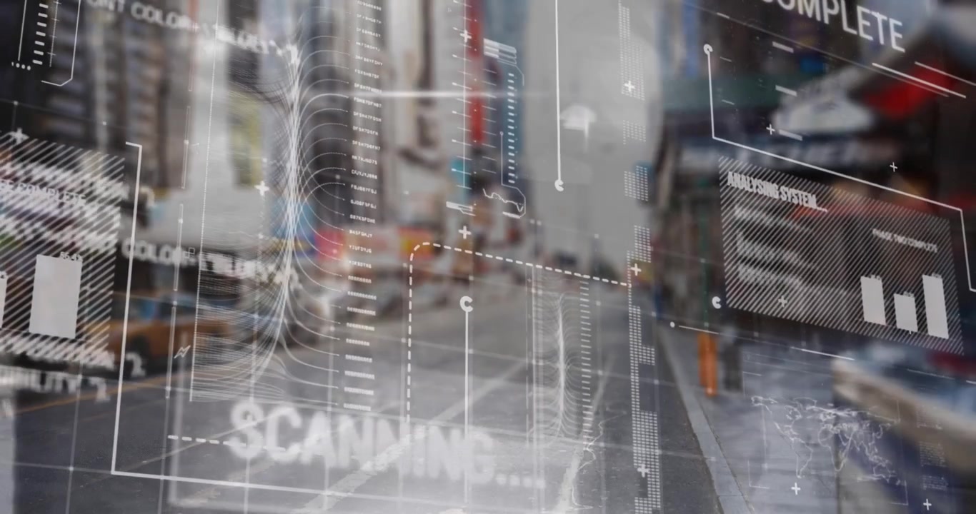 Animation of interface with data processing against time-lapse of people walking on the street