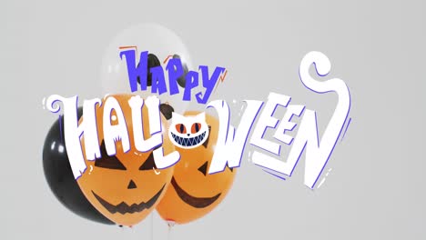 Happy-halloween-text-banner-over-halloween-pumpkin-printed-balloons-against-grey-background