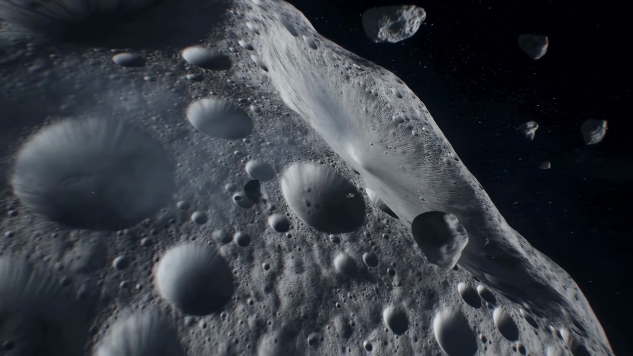 Primo piano della superficie lunare che mostra crateri profondi e detriti fluttuanti su uno sfondo di spazio scuro, rilevamento orbitale.