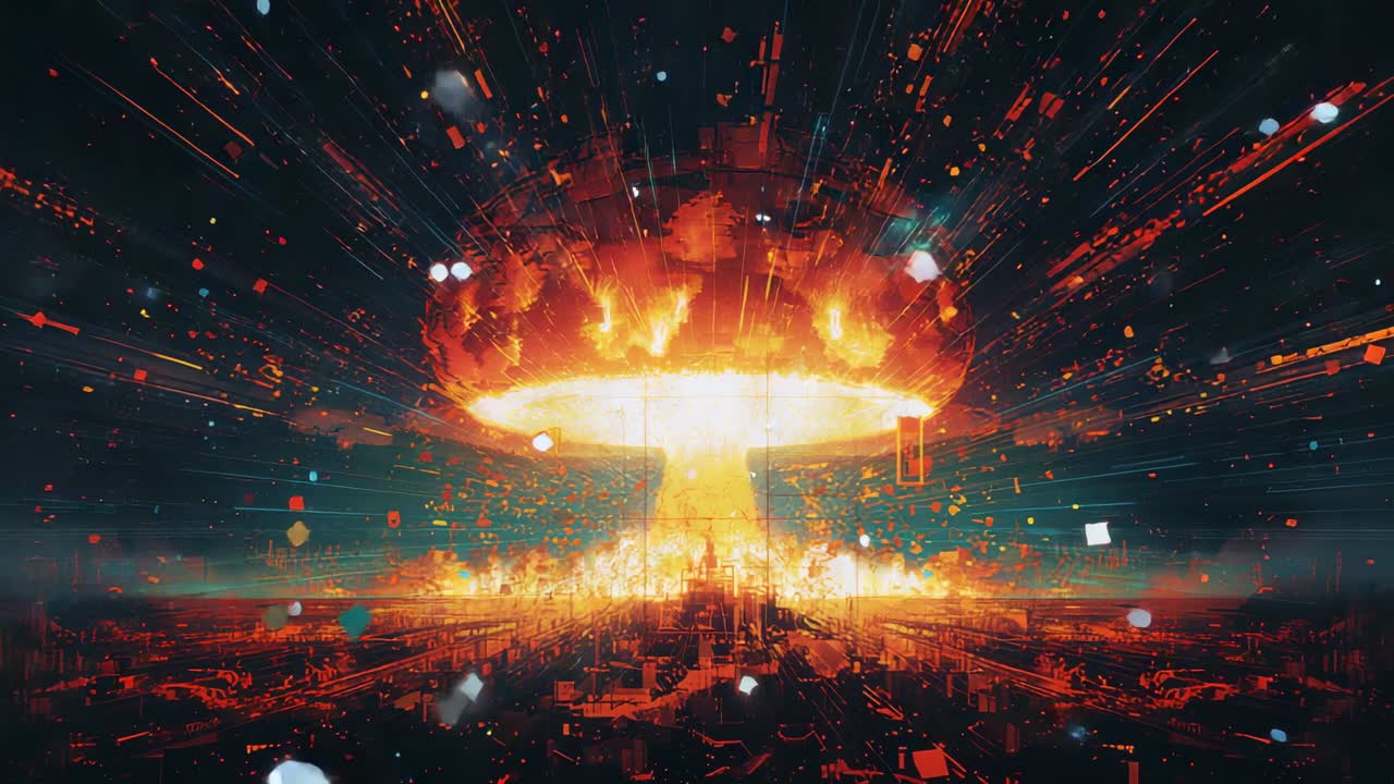 Exploding central column into fiery disc, forming mushroom cloud over city, scattering data blocks