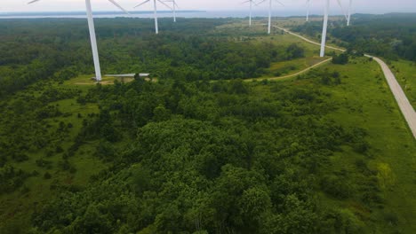 aerial drone revealing footage of large renewable energy power creating wind turbines while camera moves from treetops to the spinning green energy windmills. foggy peninsula, baltic sea visible