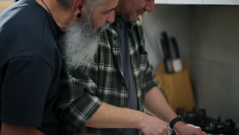 Nahaufnahme-Eines-Glücklichen-älteren-Mannes-Mit-Grauem-Haar-Und-Vollbart-In-Einem-Grauen-T-Shirt,-Der-Seinem-Freund-Mittleren-Alters,-Einer-Brünetten-Mit-Stoppeln-In-Einem-Karierten-Hemd,-Dabei-Zusieht,-Wie-Er-Einen-Gemüsesalat-Zubereitet,-Bevor-Er-Morgens-In-Der-Küche-Mit-Dem-Frühstück-Beginnt