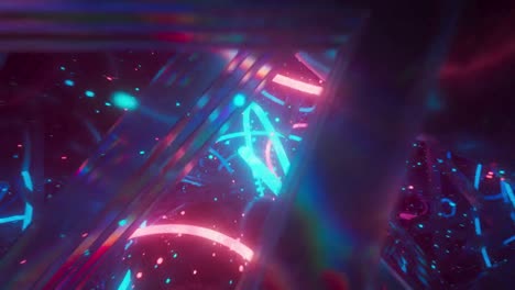 Loopable-animation-of-flying-through-lightening-particles-and-circles,-neon-background-concept