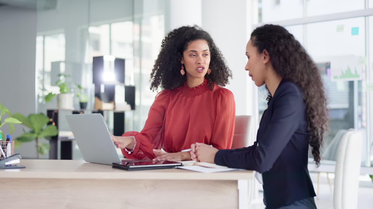 Laptop, training and business women in office