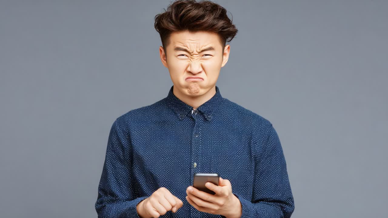 A Young Man Expresses Frustration While Holding a Smartphone, Transitioning from a Displeased Expression to an Outburst of Anger, Capturing a Moment of Digital Discontent