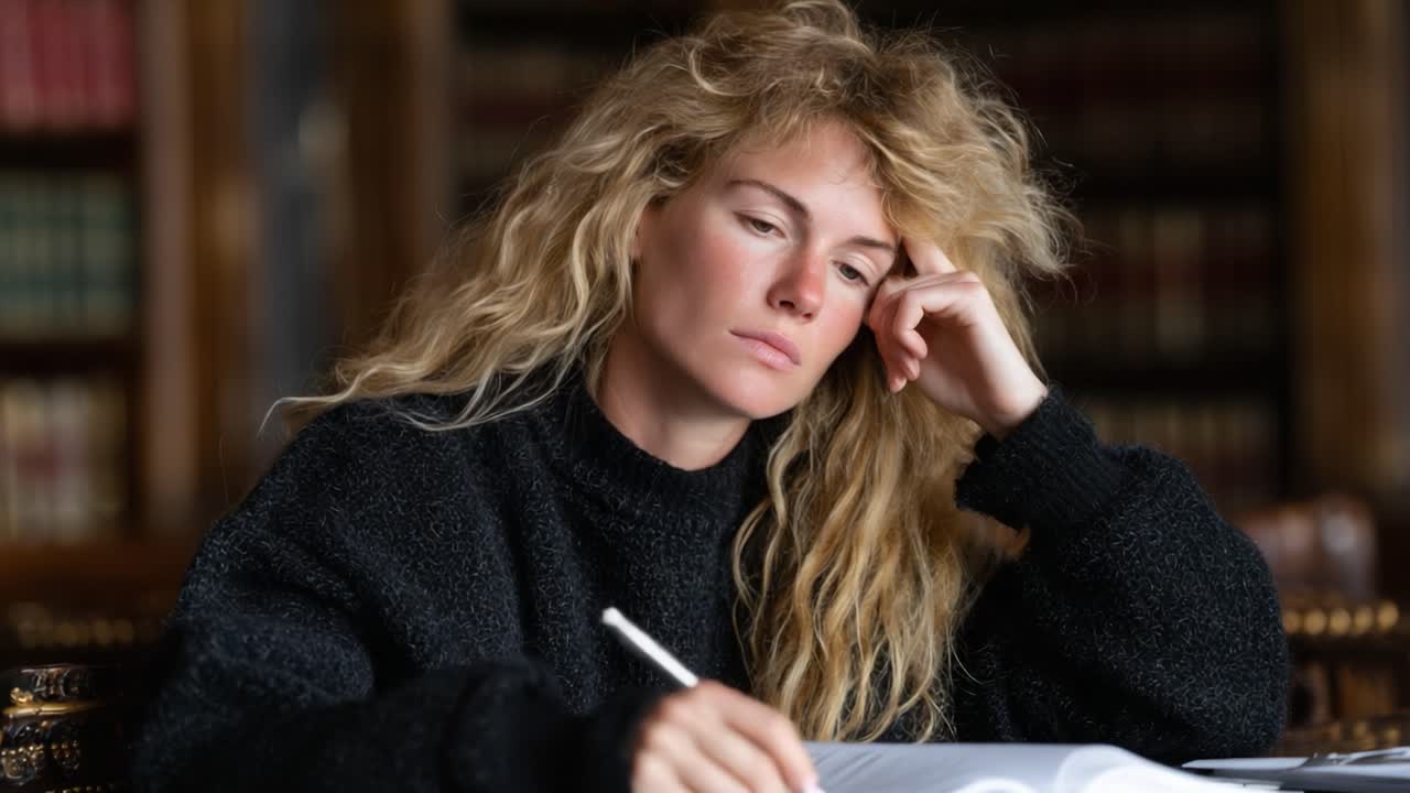A contemplative moment captured in a library, showcasing a young woman in a cozy sweater, deeply engaged in thought while surrounded by books and a sense of serene solitude