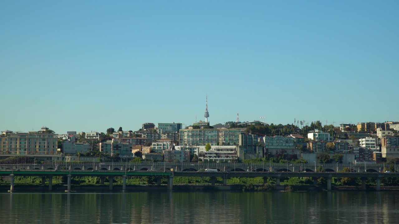The historic Namsan Tower landmark in Seoul, South Korea dominates the Yongsan District skyline