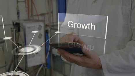 person in lab coat using smartphone with business growth data animation overlay
