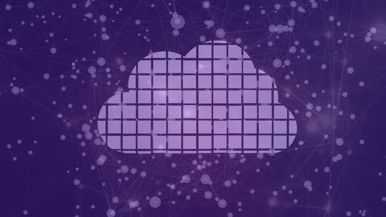 animación del icono de la nube digital con puntos en fondo púrpura