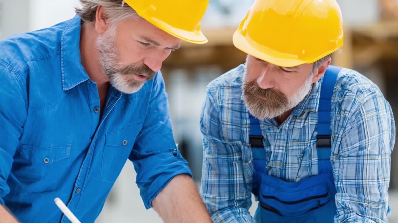 Two Skilled Construction Workers Collaborating on Project Plans with Safety Helmets in a Well-Equipped Workspace, Demonstrating Strong Teamwork and Expertise