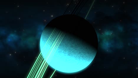 cgi zoom in towards aqua sideways saturn-like alien planet with green rings in front of blue green nebula, space, wide view