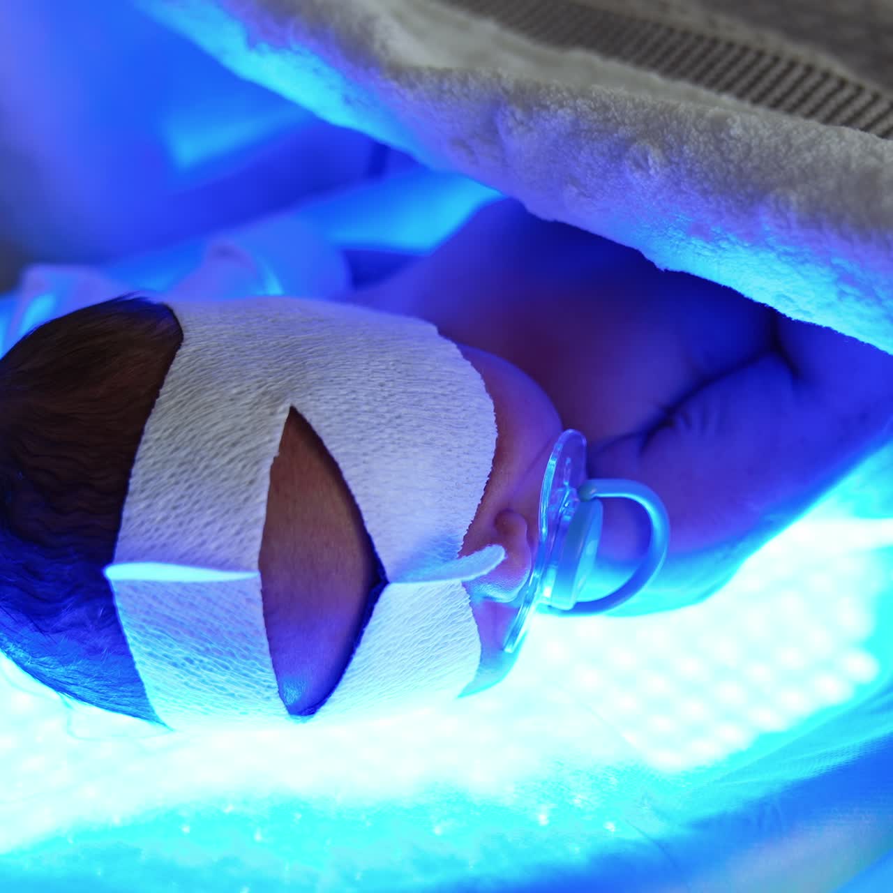 Naked newborn baby with bandage on eyes lies on UV lamp. Infant having higher level of bilirubin is treated by phototherapy