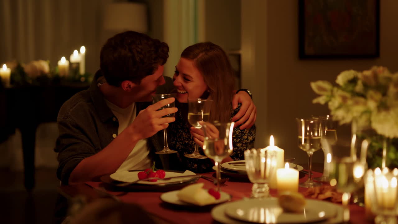 Giovane coppia che ride e brinda con il vino a una cena romantica