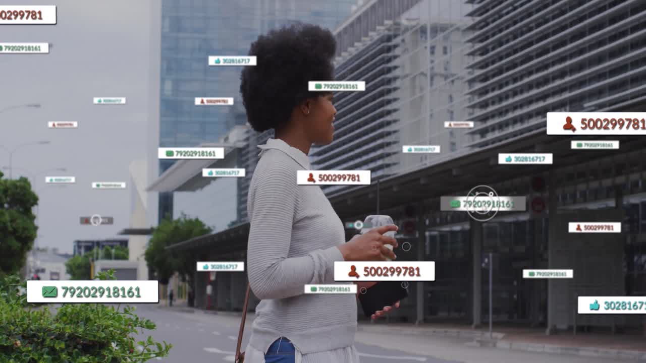 Animation of business data over african american woman using smartphone