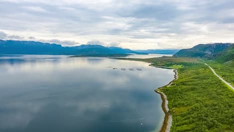 Aerial-footage-Farm-salmon-fishing-in-Norway