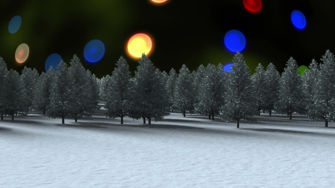 Animation of glowing fairy lights flickering over fir trees and winter landscape