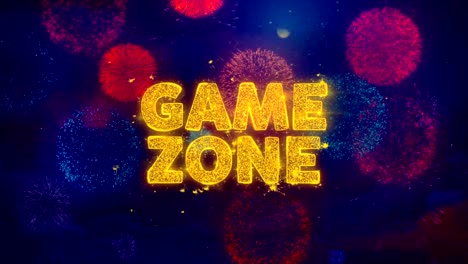 texto de la zona de juego en coloridas partículas de explosión de fuegos artificiales.