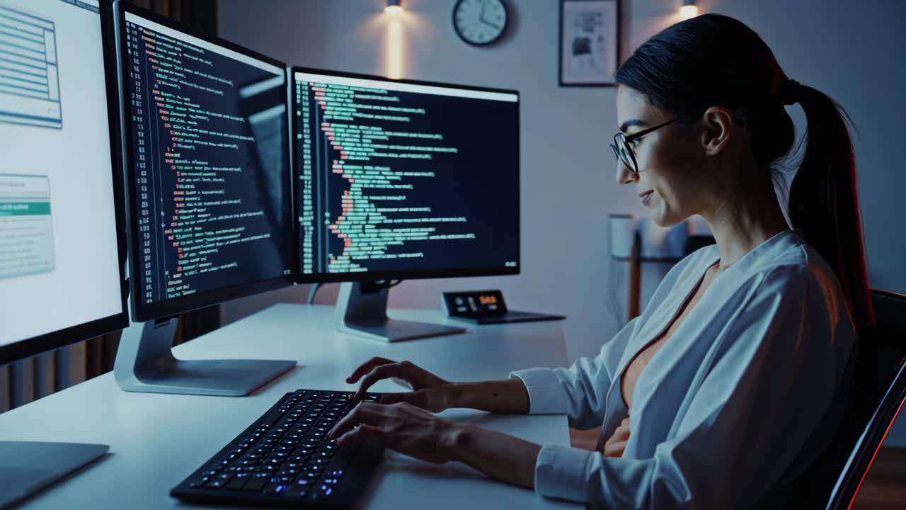 mujer programadora codificando por la noche