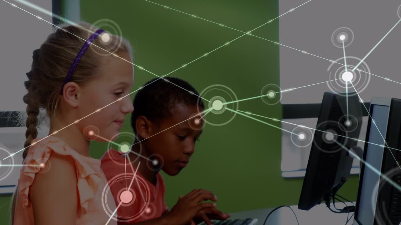 Animation of network of connections over happy diverse pupils using computers at school